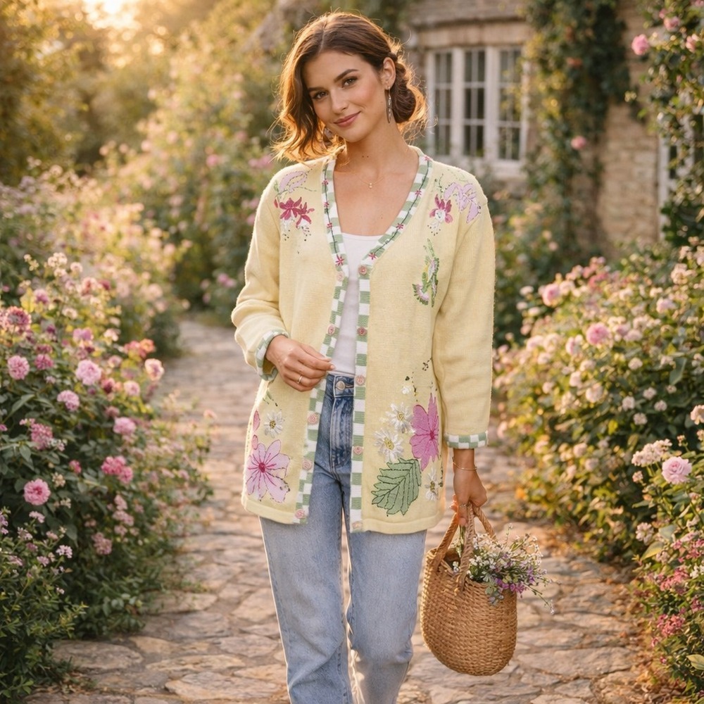 Storybook Knits Vintage Embroidered Floral Cardigan L Cottagecore Fairy Whimsy